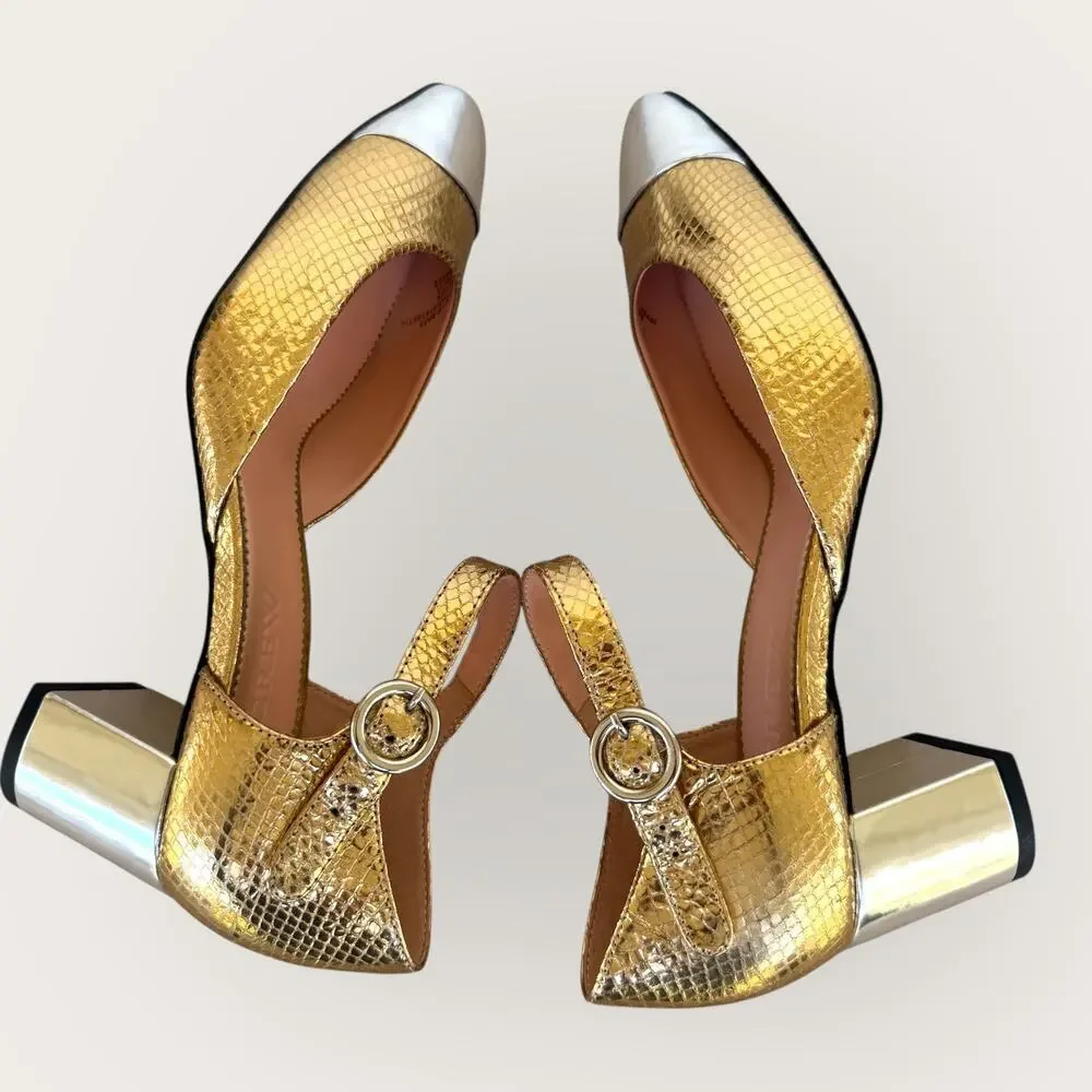 J. Crew Ankle Strap Heels Shoes Snake Embossed Leather Womens 8 Gold Silver